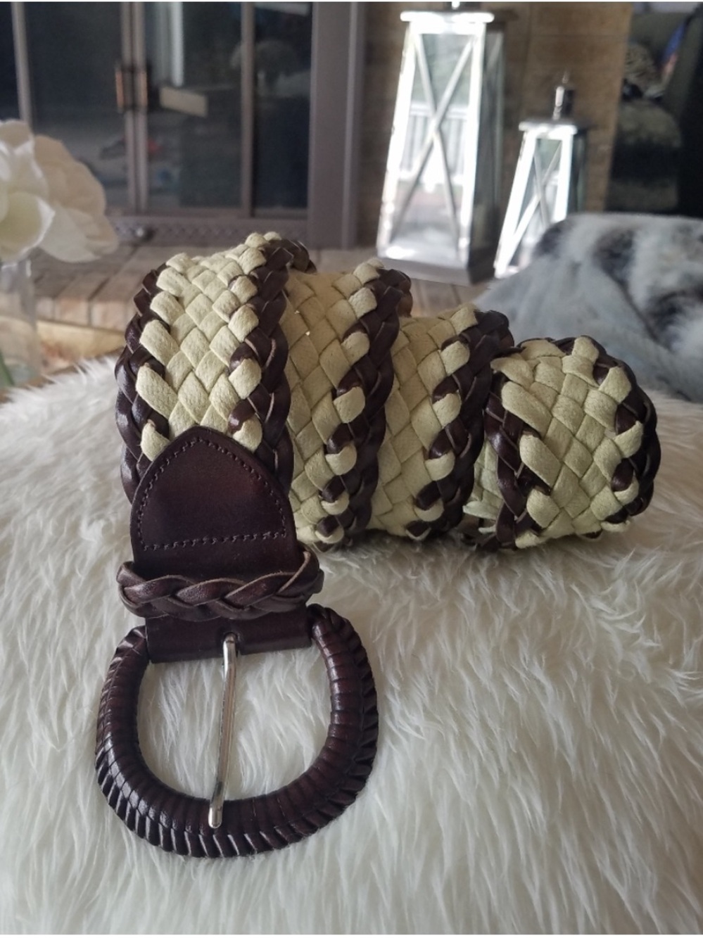 Genuine Leather Trim Woven Braided Brown & Cream Colorblock Belt from London